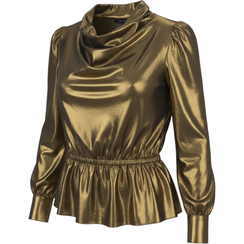 (CL) Current Air Los Angeles Gold Metallic Cowl Neck Peplum Blouse 1930662 Small